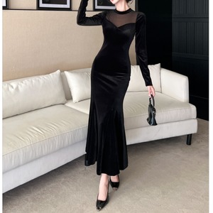 メッシュスプライシングベルベットワンピース　G1132