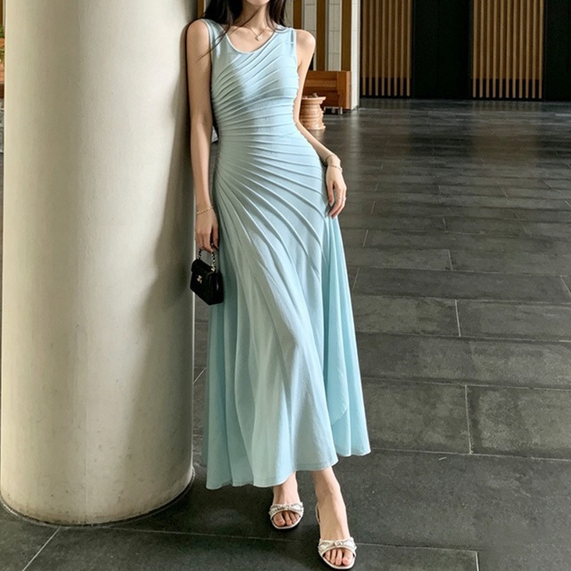 Sleeveless elegant slim line long dress ( 2color )