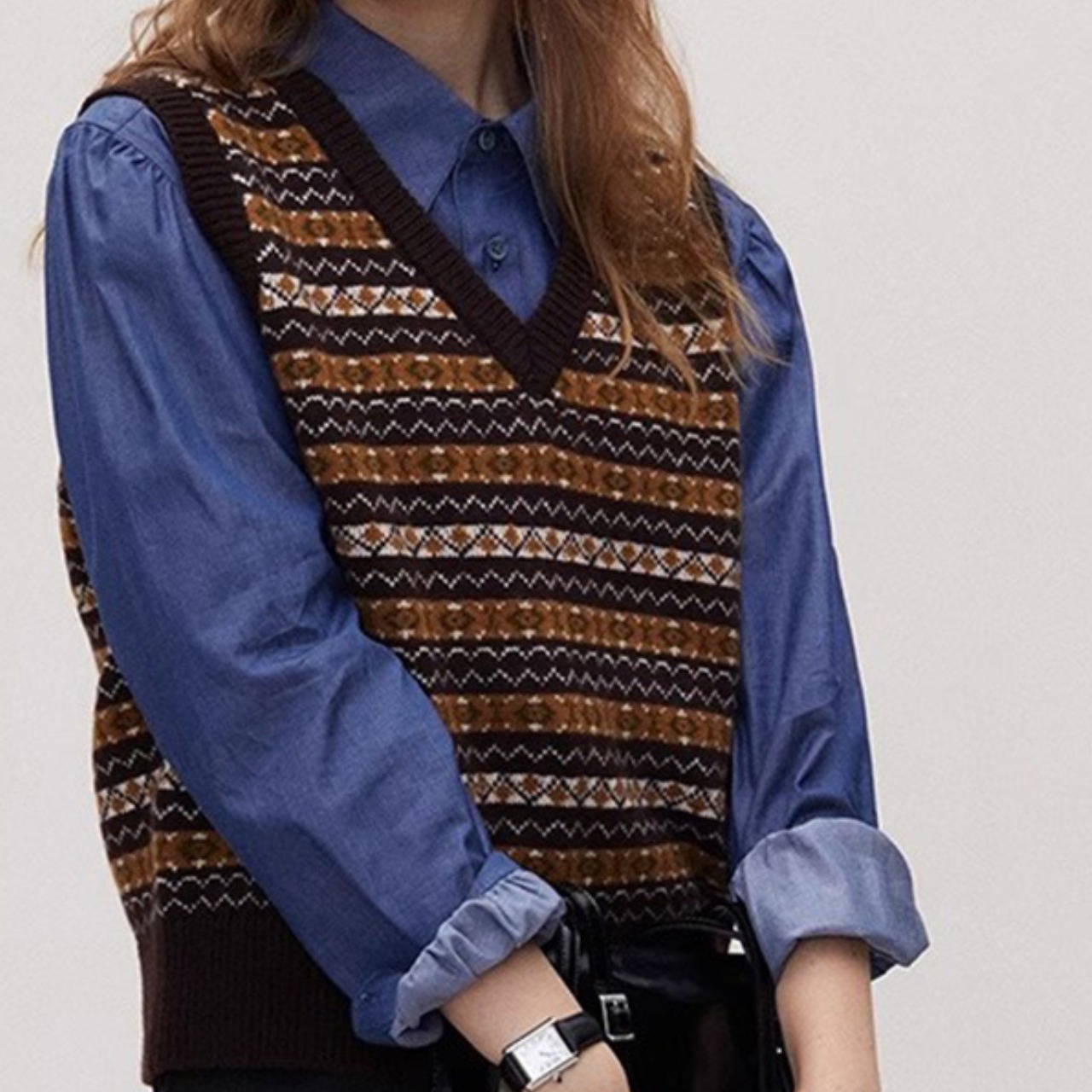 Vネック幾何学柄 ニットベスト   F0005 - 1