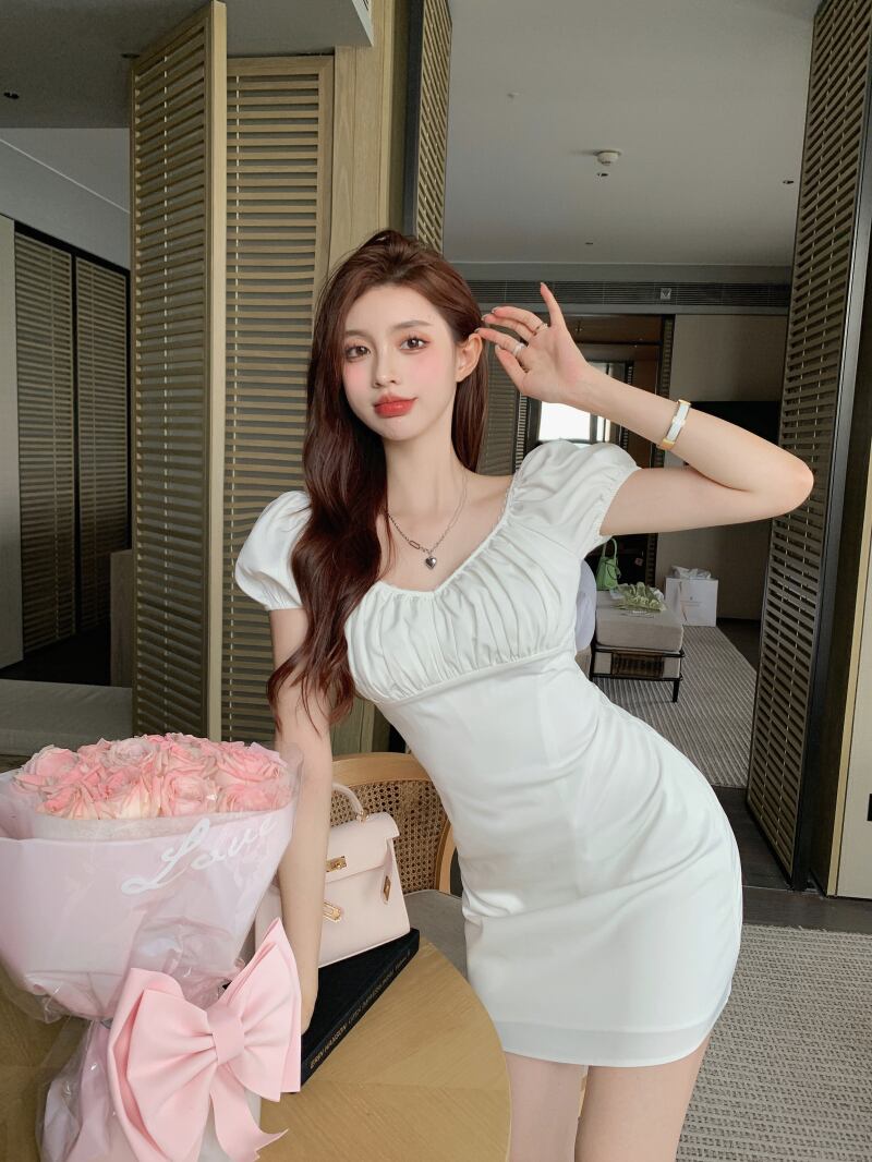 ドレス スリーブウェストスカート サマープリーツホワイト 夏物 ブラックストロベリース54638686449