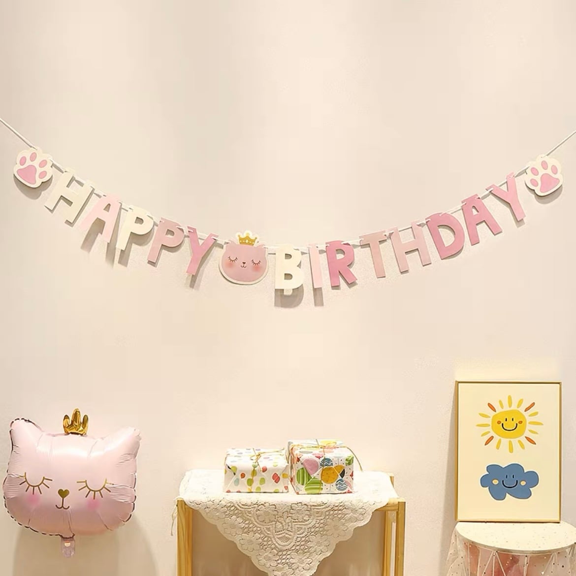 お誕生日ガーランド＆バルーンセット 猫 リボン バースデイ 風船
