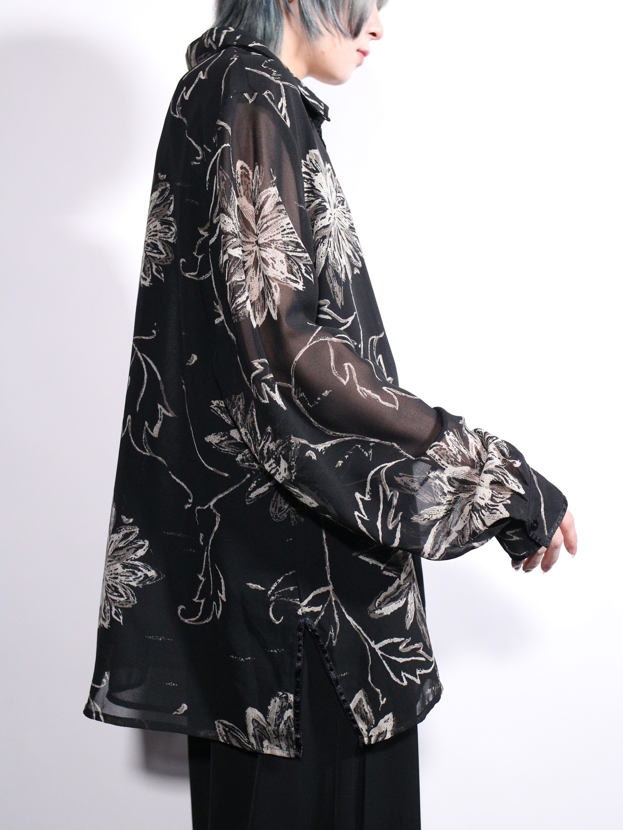 flower art full pattern monotone color sheer shirt - 4