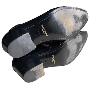 SAINT LAURENT PARIS black patent leather high heel boots