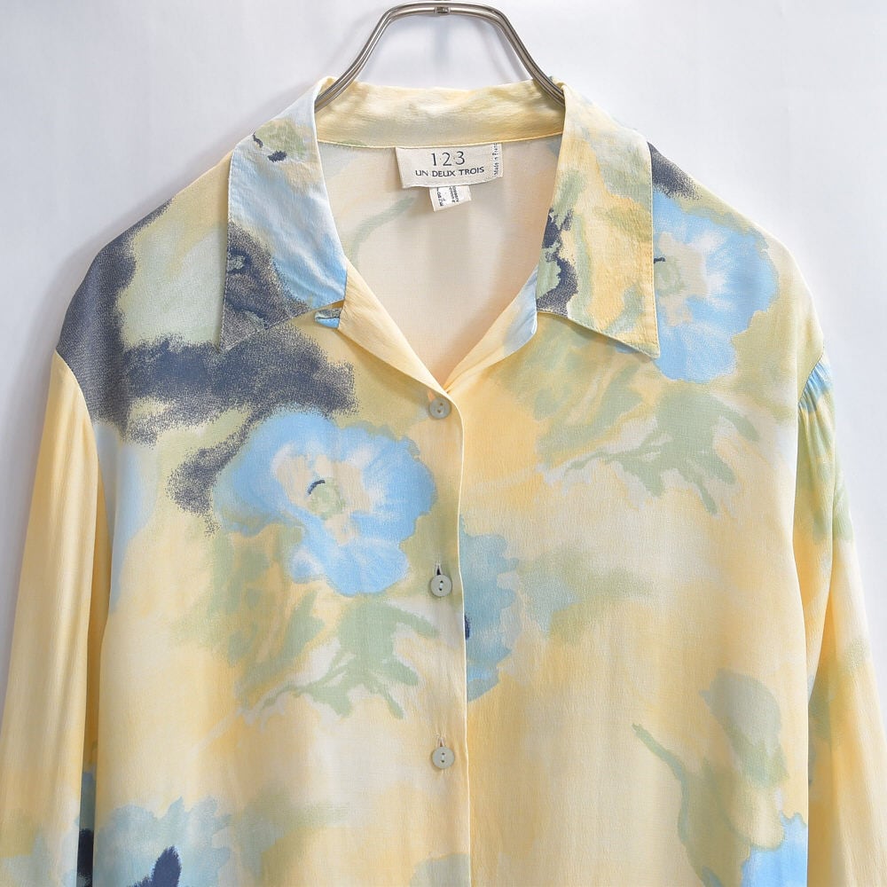 90s~ フランス製 UN DEUX TROIS アートフル フラワーパターン オープカラー レーヨンシャツ ヴィンテージ 水彩画 ビンテージ ヨーロッパ古着 レディースL~相当