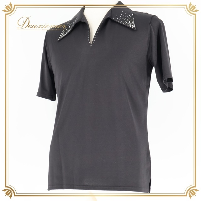 社交ダンス 衣装 シャツ ブラウス トップス ブラック系 黒 メンズ 男性 半袖 襟 レッスン 練習着 ダンス パーティ 発表会 ラインストーン おしゃれ ストレッチ スタイリッシュ 襟付き フォーマル 競技用 薄手 軽量 シンプル