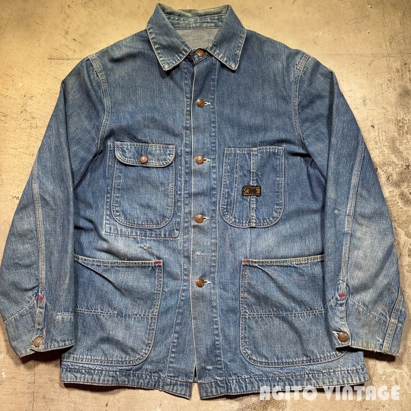 60's Unknown SANFORIZED デニムカバーオール ワークチョアコート 台襟 ダメージ 38 M相当 希少 ヴィンテージ BA-2930 RM3351H