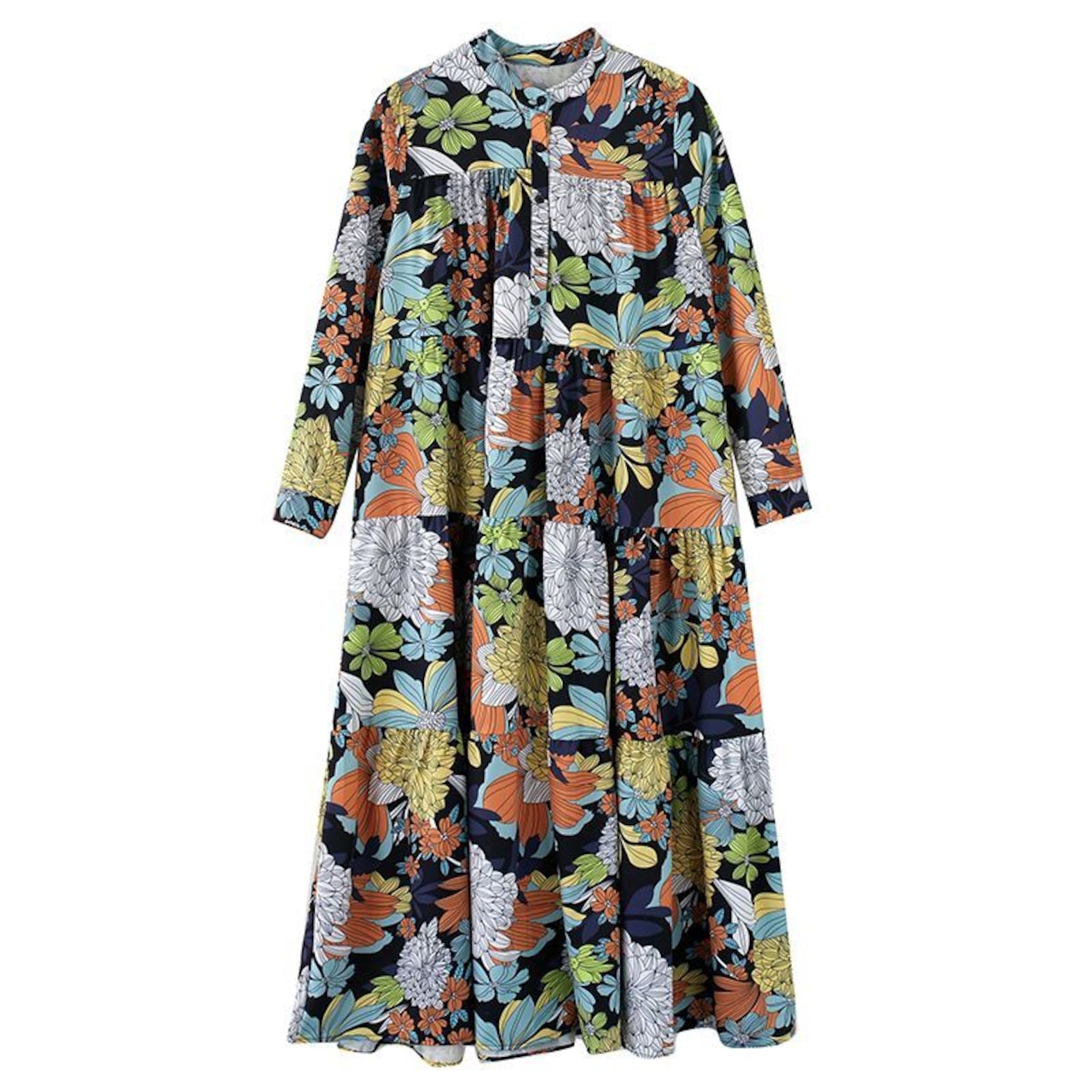 スタンドカラー ティアード ワンピース 00065