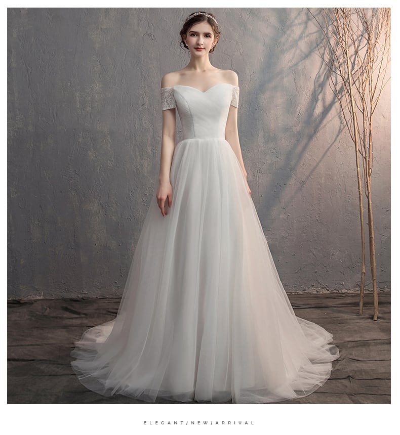 エレガント ウエディングドレス オフショル ショートトレーン ソフト  