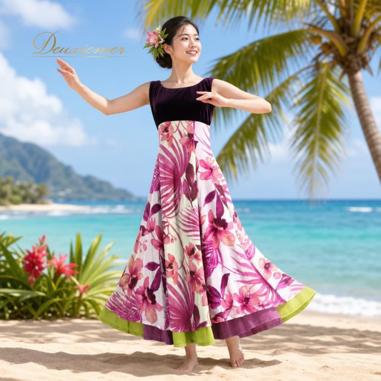 フラダンス 衣装 u'ino! ウイノ ワンピース ドレス パープル系 花柄 植物柄 ハワイアンプリント ハワイアン アロハ フラ ダンス レッスン 練習 紫 白 ピンク 黄緑 ピンク系 ホワイト系 グリーン系 ベロア生地 高級感 光沢感 華やか 鮮やか かわいい おしゃれ 上品 大人っぽい シースルー