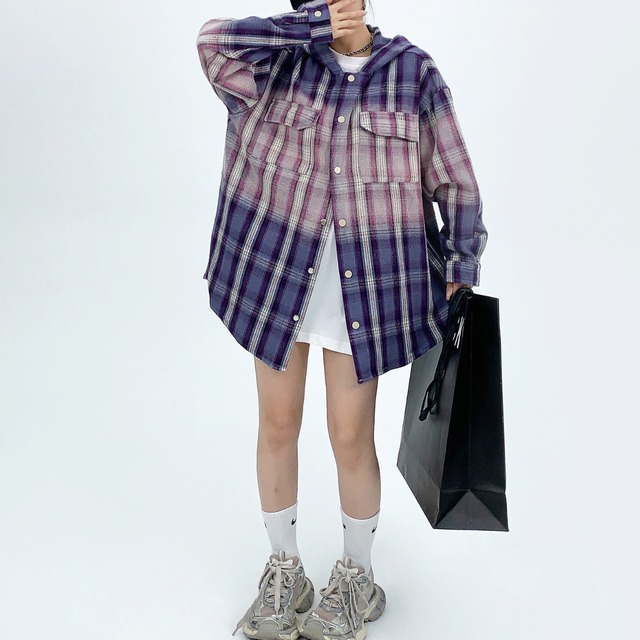 hooded gradation color check pattern shirt　フード付きグラデーションカラーチェック柄シャツ　J0726
