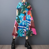 抽象柄イラスト ロングシャツワンピース 30213