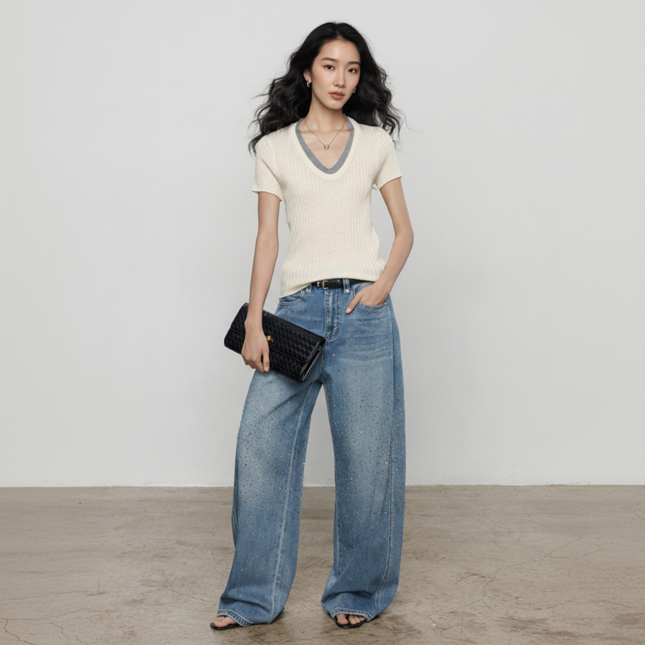 Vネック 半袖 ニット トップス   2colors  26059・画像5