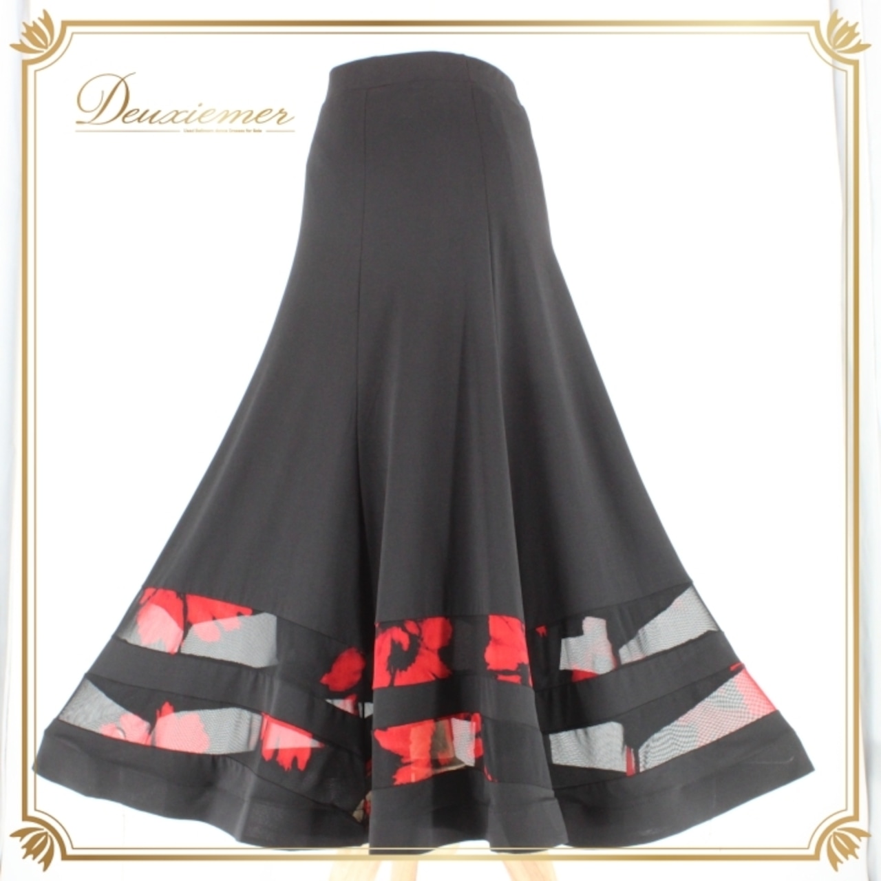 社交ダンス 衣装 スタンダード スカート レッスンウェア レディース 練習着 ACROSS 花柄 ブラック系 レッド系 黒 赤 バイカラー 派手 フレアスカート 薄手 ボリューム感 おしゃれ 花柄デザイン 柔らかい 素材 ストレッチ ウエストゴム 練習用 ダンスウェア レッスン服 伸縮性 通気性 上品 カジュアル デイリー プロ仕様 男女兼用 お揃い コーディネート