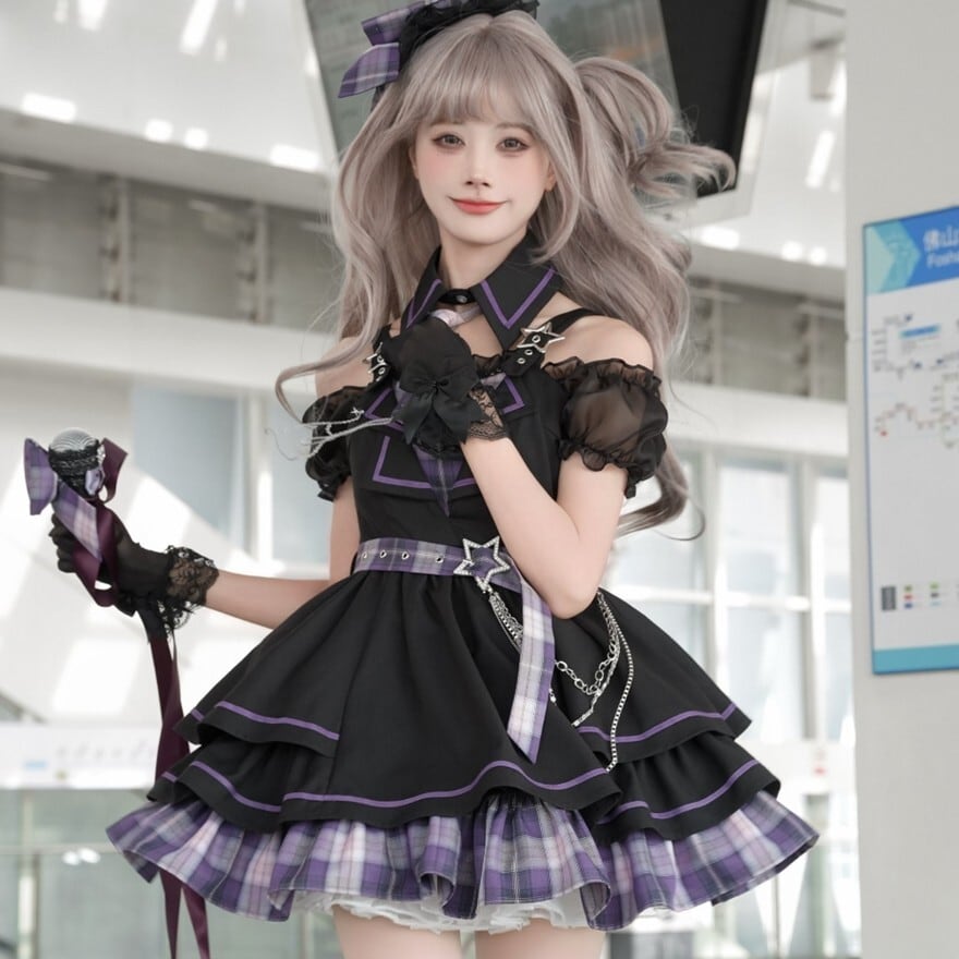 ライブ衣装 黒×紫チェックフリルワンピース ステージ用