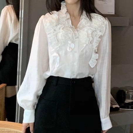 フリルフラワーエレガントブラウス W00457