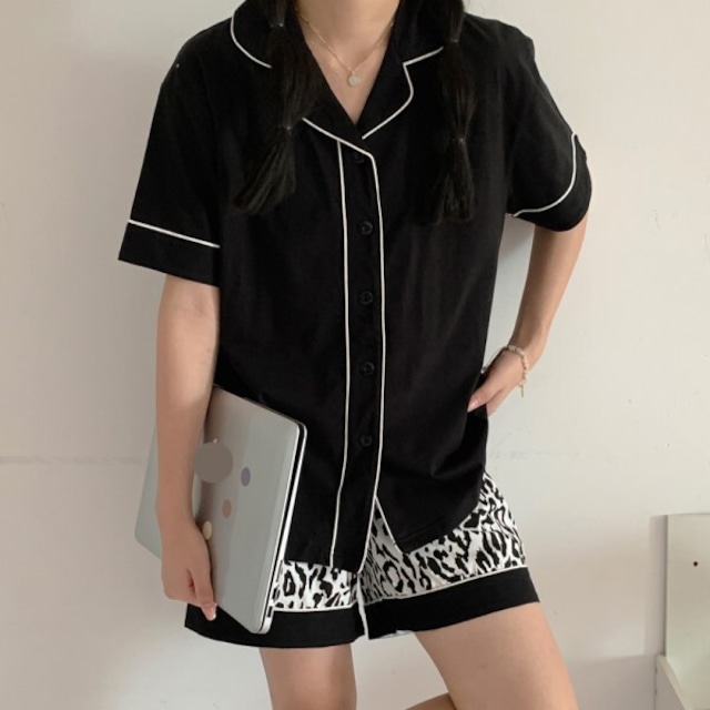 半袖 ブラック シャツ レオパード柄 ショートパンツ ホームウェア パジャマ 部屋着
