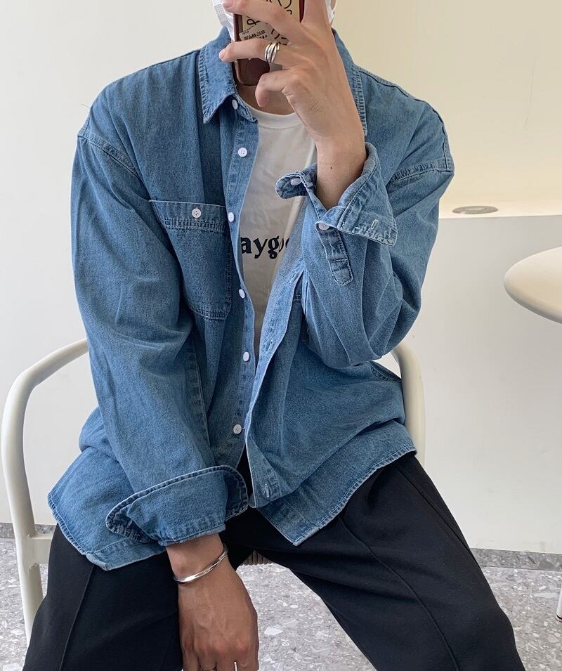 21年サウスの新製品デザインはハンサムでミニマリストのレトロデニムシャツメンズフォールルーズ長袖シャツ ロング Seniorl Ken Ryans