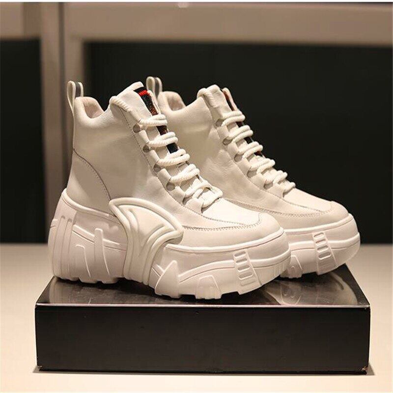 【新作】【送料無料】 ホワイトレザーアンクルブーツレディースニューレザーハイトップスニーカーチ​​ャンキーソール高さ増加フラットプラムシューズレディース 靴 10b329005522227