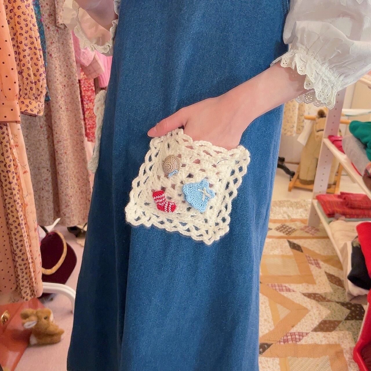 remake ✂︎ blue ribbon frill pocket jumper skirt