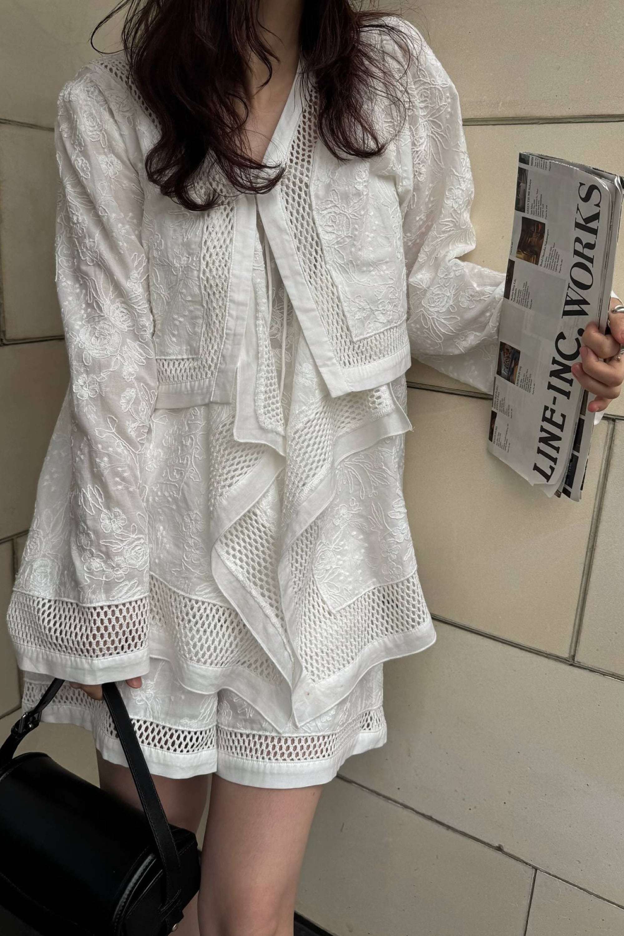 WILLFULLY trimming lace cropped bolero BL トリミングレースクロップドボレロブラウス White