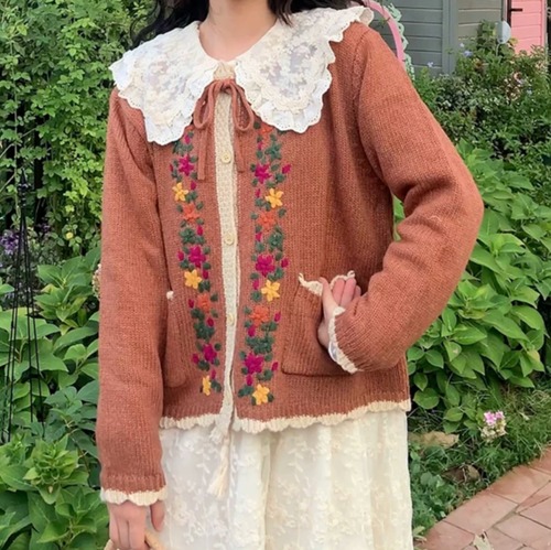 2色/フラワー刺繍ニットカーディガン ・12055