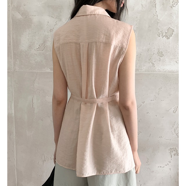 belted sleeveless sheer shirt L0522