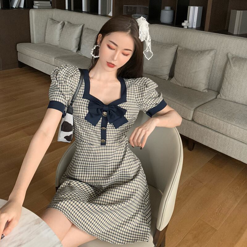 スプリングサマースタンダードスリーブ格子柄ドレス リボンスカート レトロ 春物 夏物 スクウェア ドラファッションホール79962961758