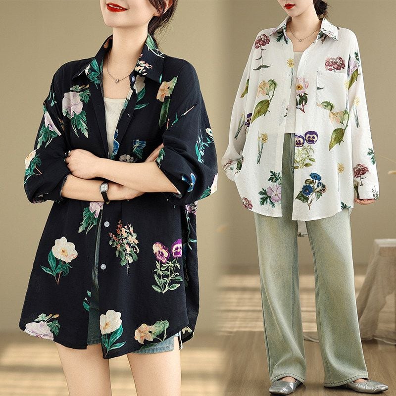 FLORAL PRINT POLO COLLAR LONG SLEEVE SHIRT M-17654