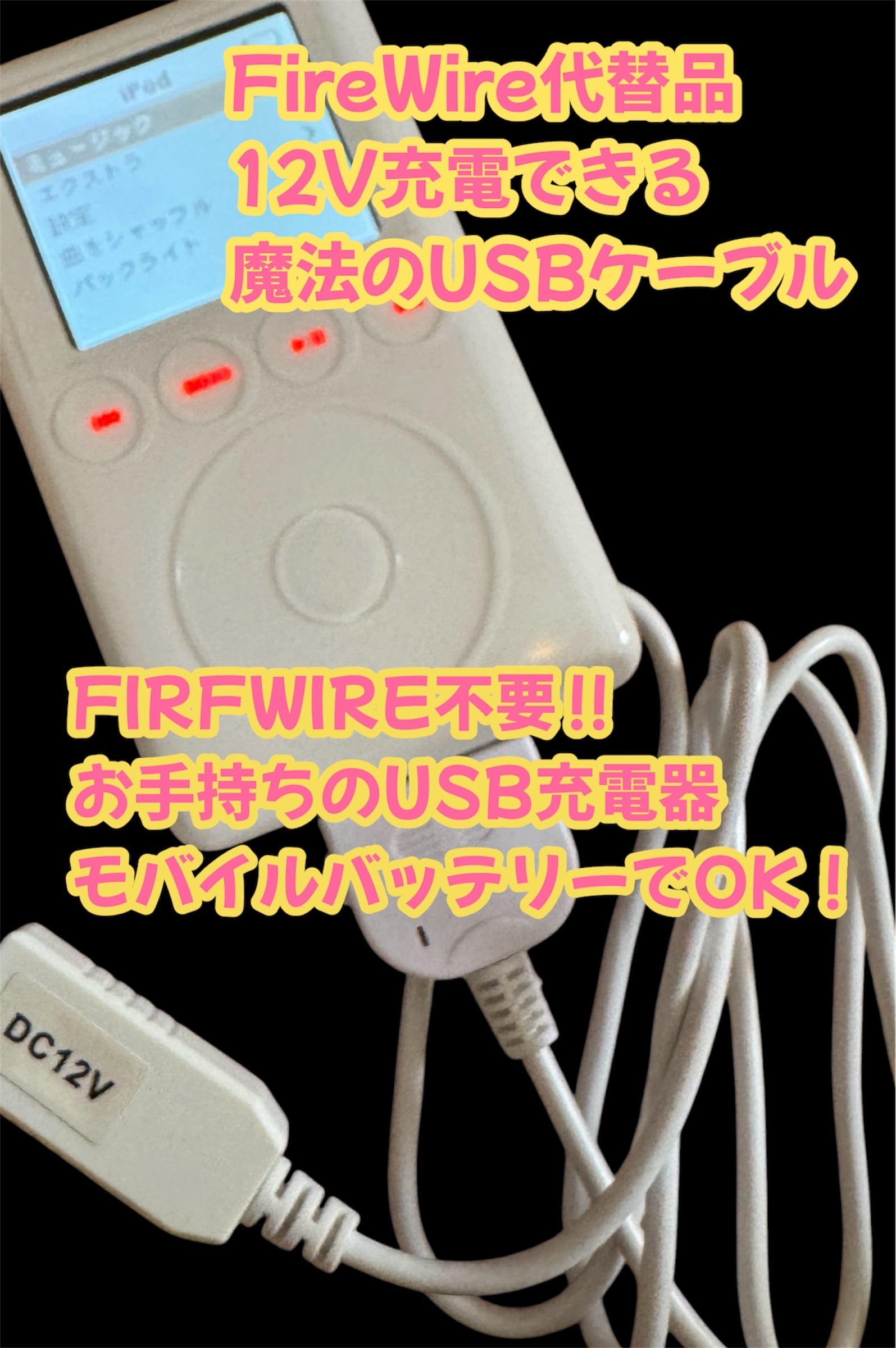 復活キット】iPod 3rd&4th専用 12V昇圧USBケーブル 3点セット（純正AC