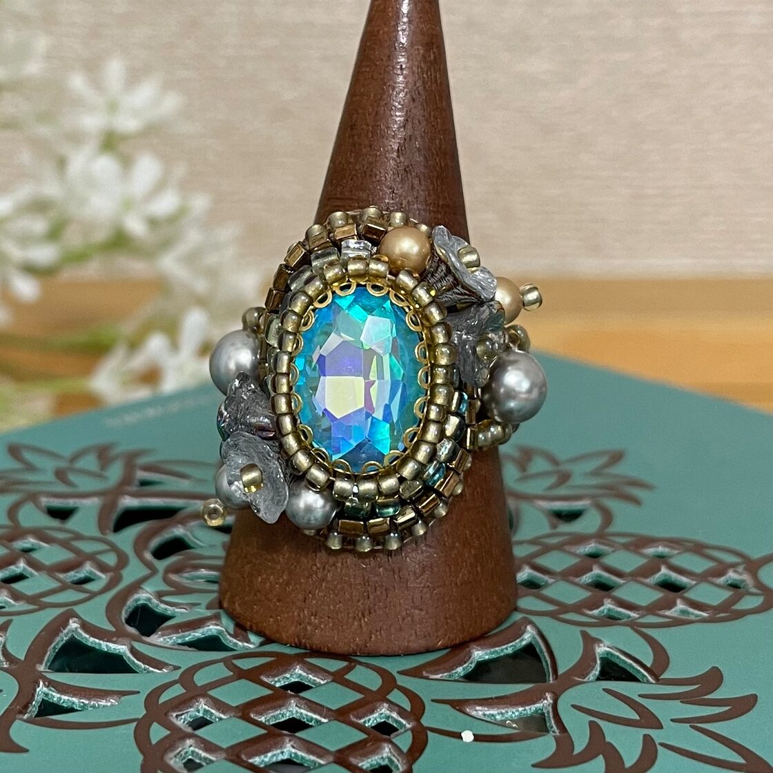 アクアブルービーズ刺繍リング【手作りキット】☆動画あり | PAY ID