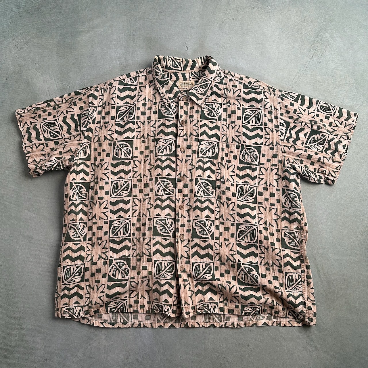 90s~ ST.JOHN'S BAY セントジョンズベイ リネン コットン 総柄 半袖シャツ XXL 古着