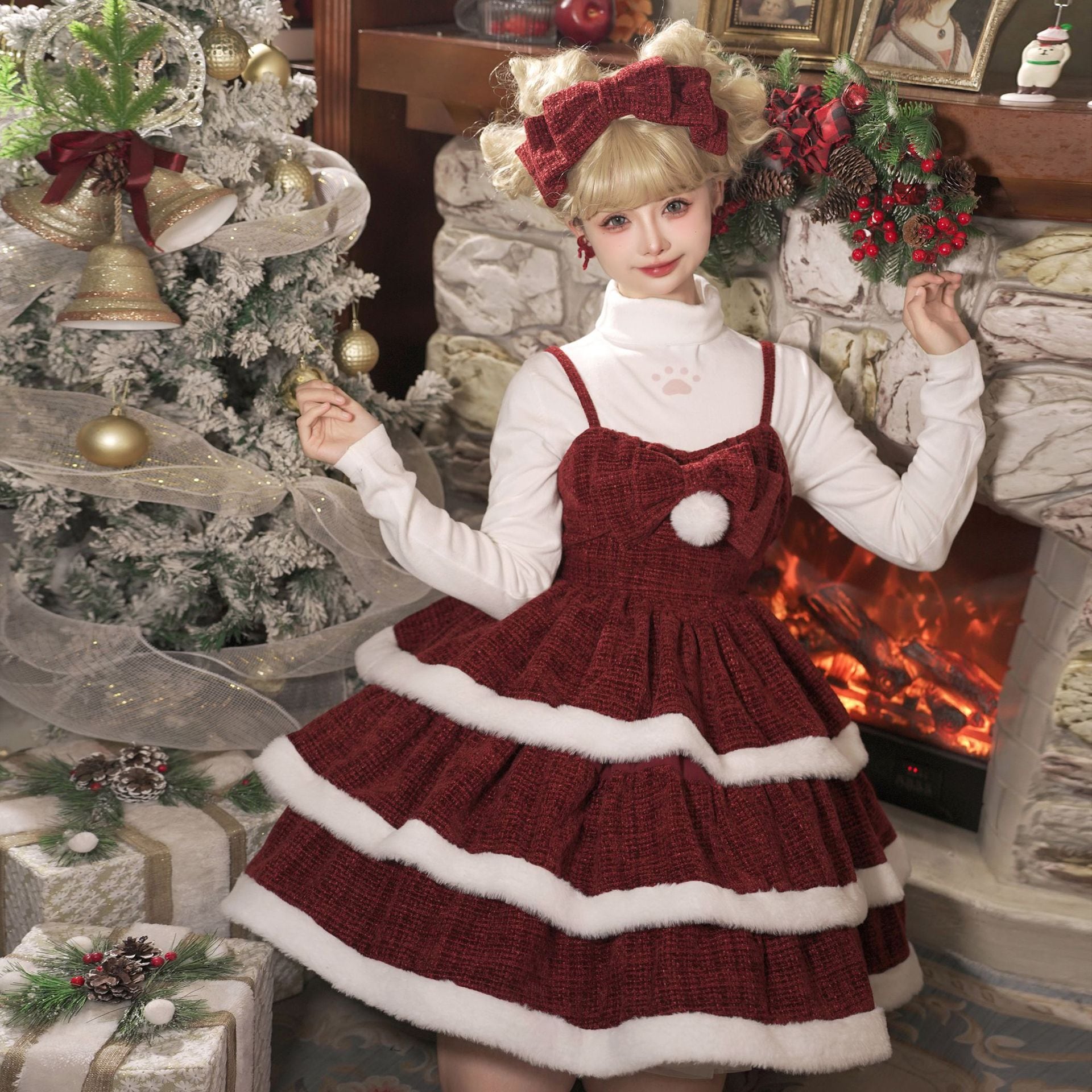 夢かわいい クリスマスコーデ セットアップ ケープ ジャンパースカート