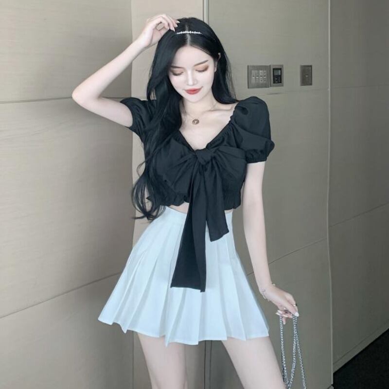 スタンダードサマーButterflyデザイン ショートトップス ハイウェストウェストプリーツスカート レトロ 夏物 ハンチェンe57440187385