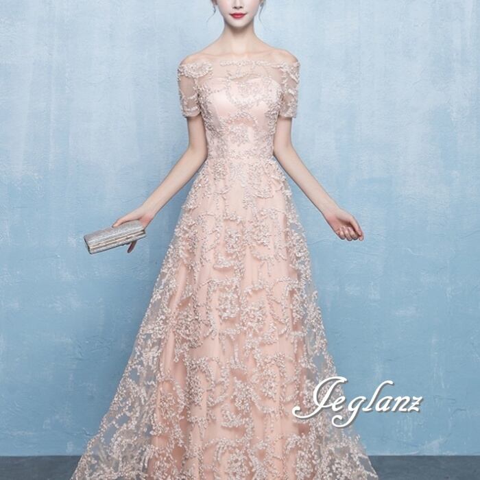 4色 パーティ イブニングドレス オフショル 編み上げ シアー エターナル (M8952)ζ