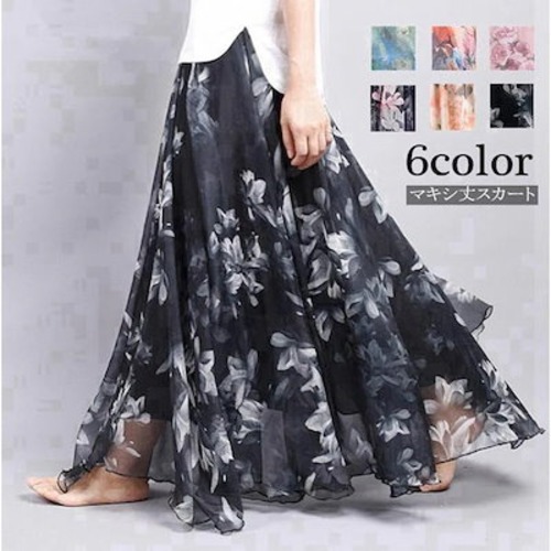 マキシスカート スカート 花柄 フレアスカート レディース マキシ丈 ロングスカート Aライン 着痩せ シフォン ウエストゴム 代引不可
