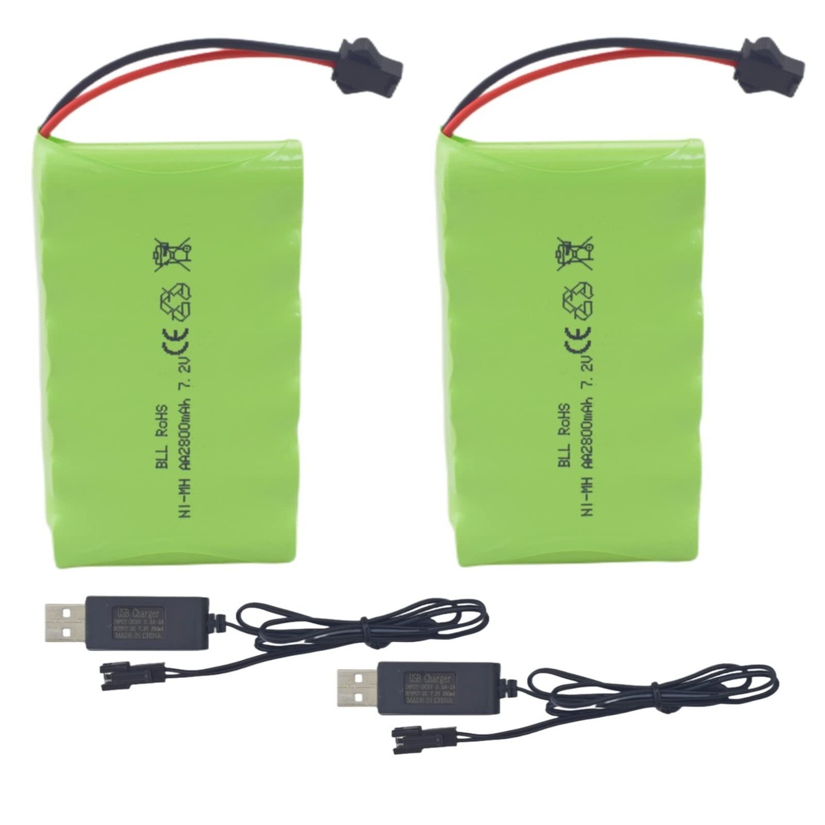 2 Batteries 7.2V 2800mAh NiMH Avec Prise SM-2P Et Câble USB – Compatible Huina 1550, 550, TR-211, RC Camion Engin