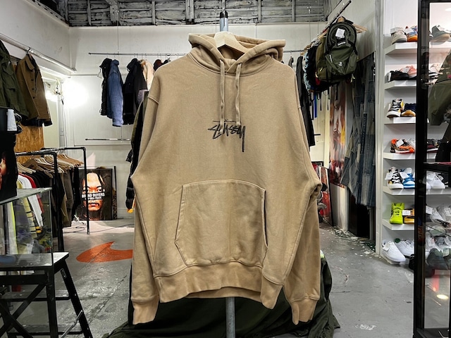 STUSSY 	BASIC EMBROIDERED HOODIE BEIGE LARGE 57746