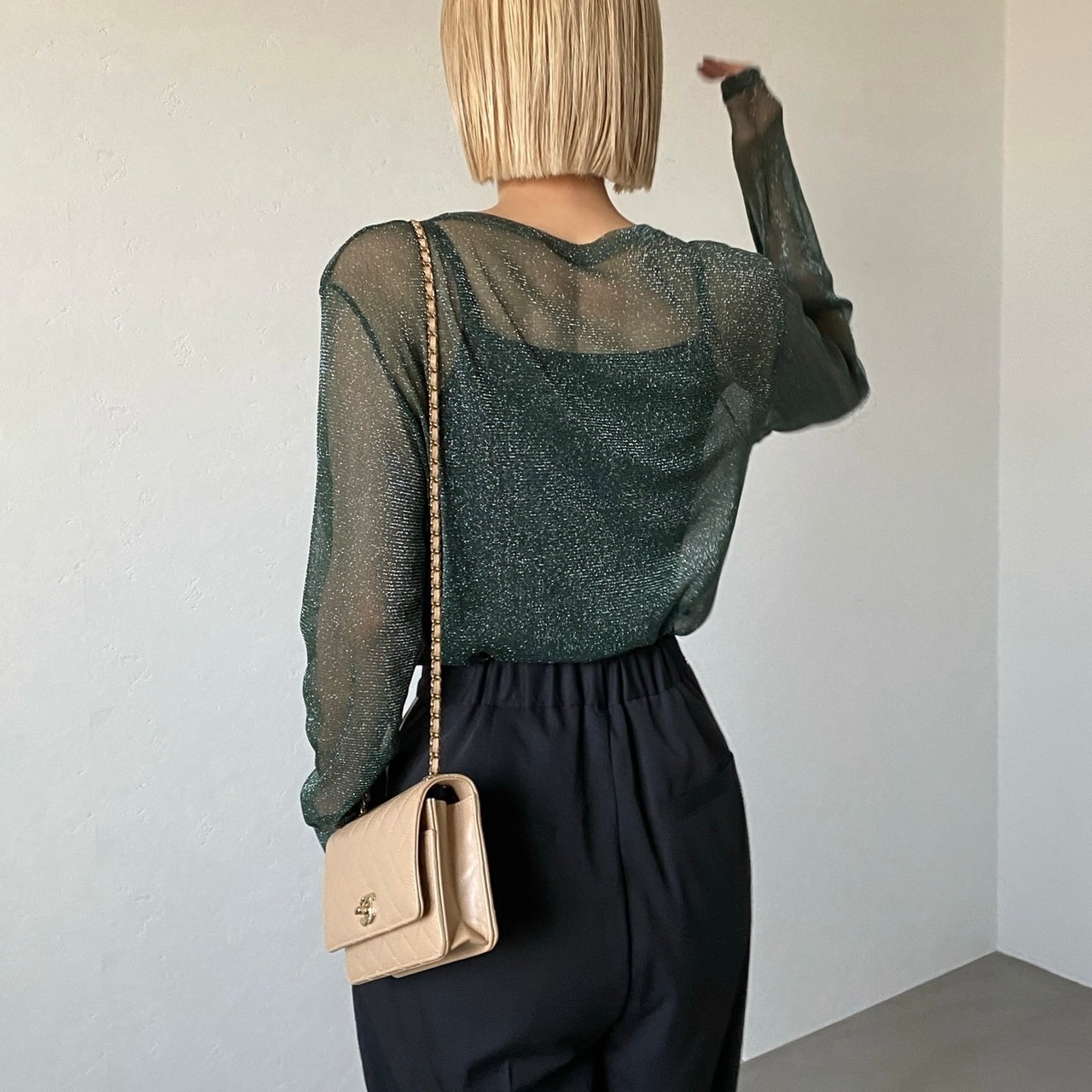 glitter sheer crewneck tops/green