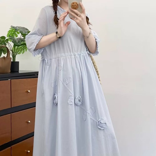 2色/立体花モチーフ刺繍フリル袖ワンピ ・11933