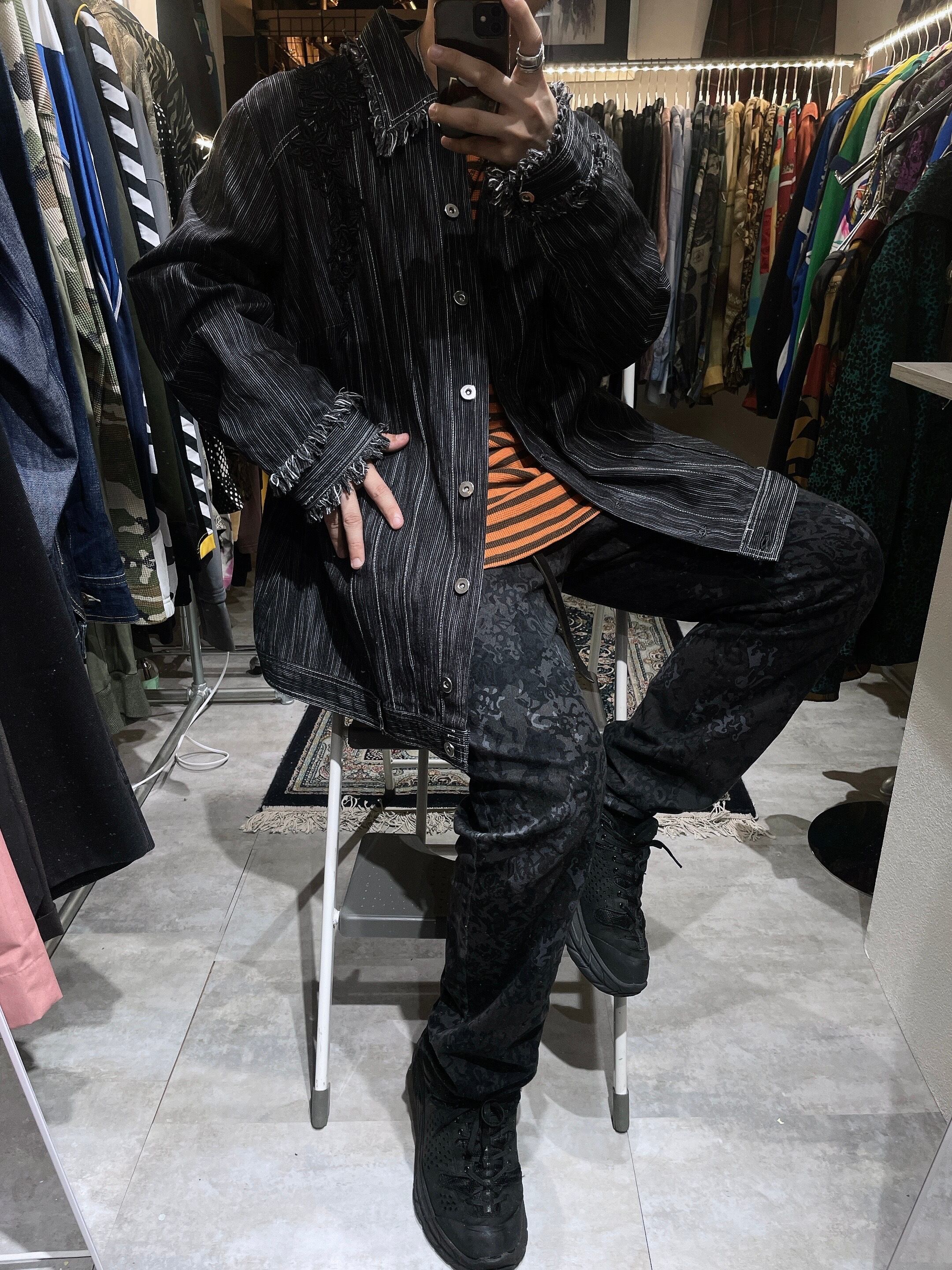 Black mode Fringe × Fower embroidery vintage loose jacket
