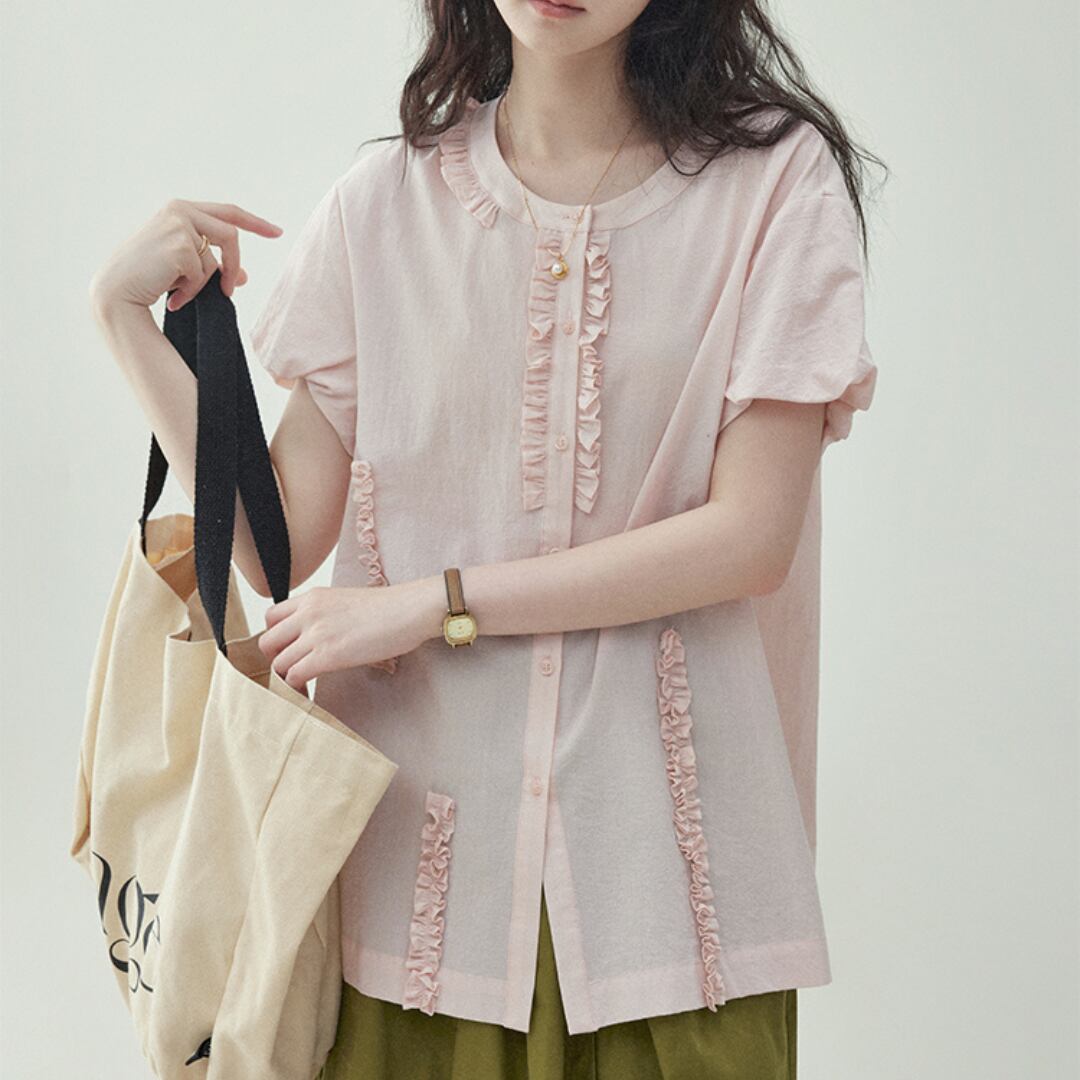 pink shirt with cute frilled petal sleeves and lettuce edge trim