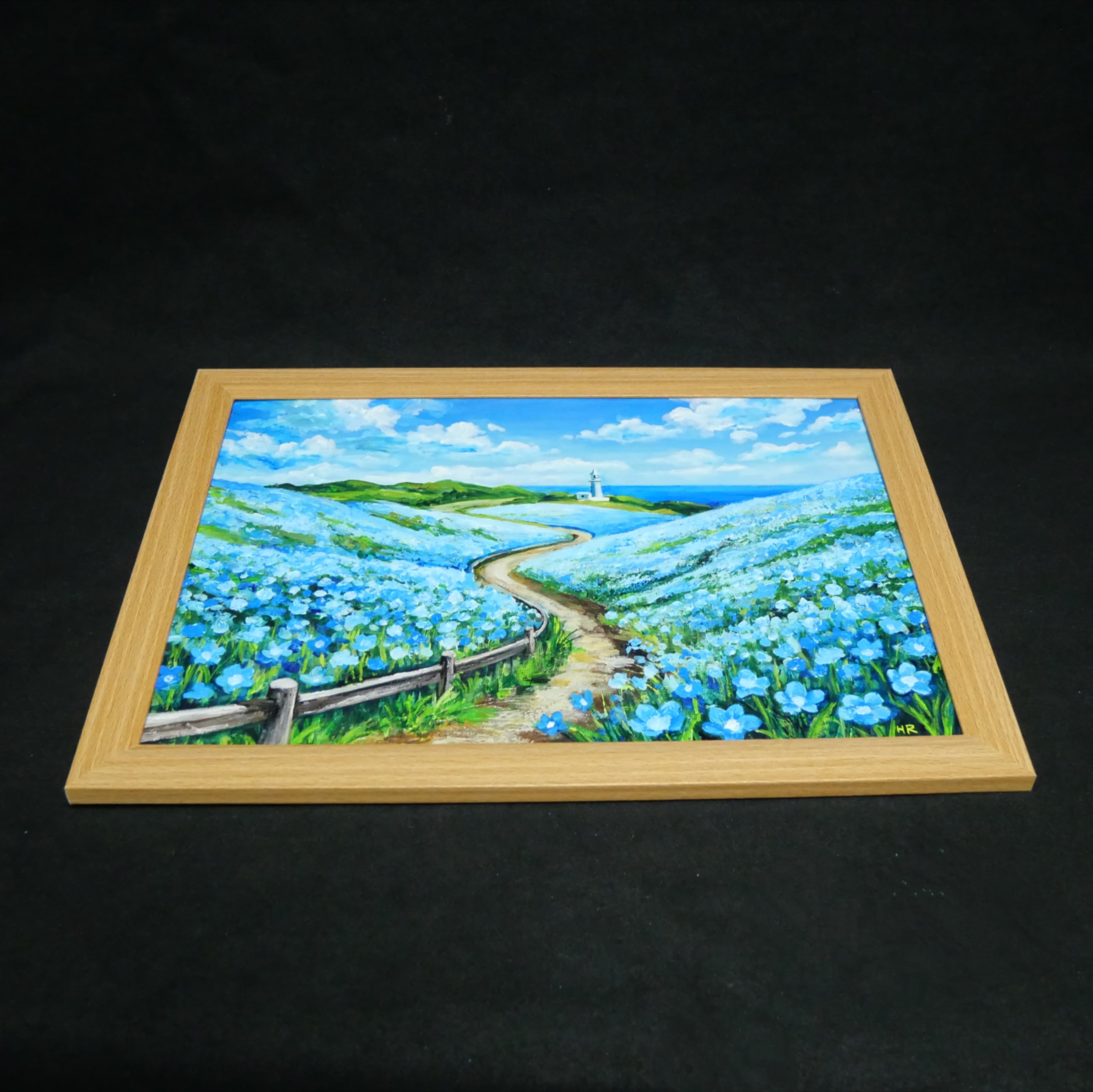 油絵 絵画 原画【奇跡の青に染まる岬】海 風景画 ネモフィラ 灯台 春