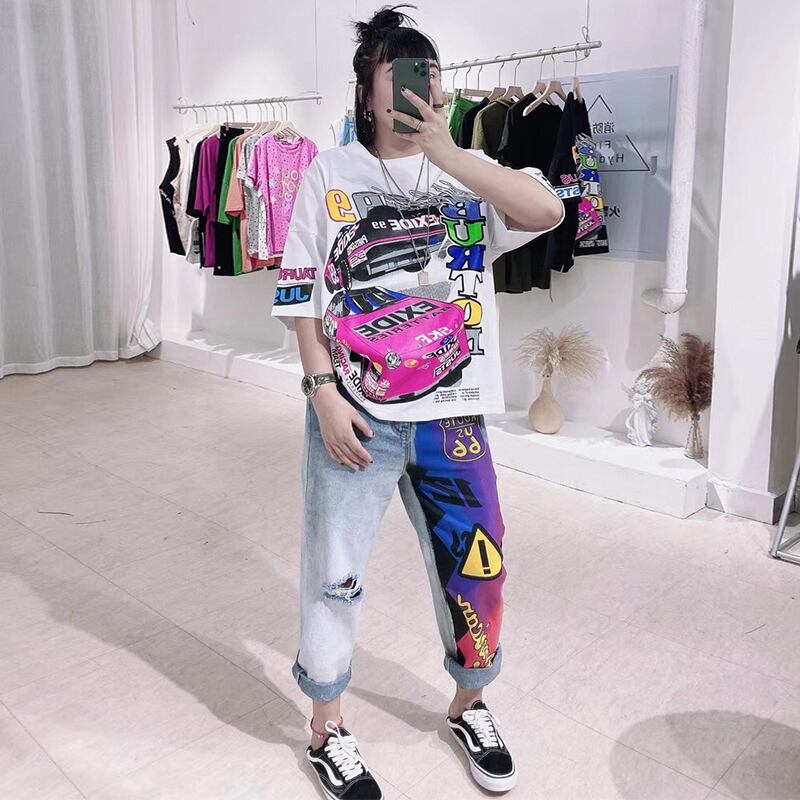 トップス プリント柄Tシャツ ジーンズ 大きめサイズ ミックスインファッション6000340174