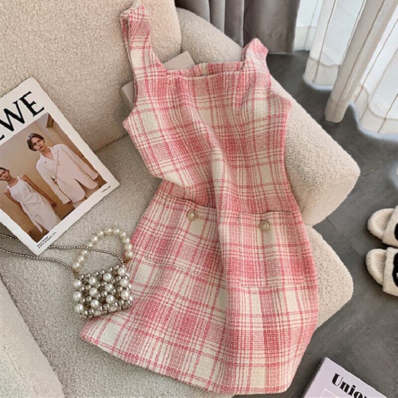 ワンピース チェック柄 スウィート スクエアネック ピンク S M L