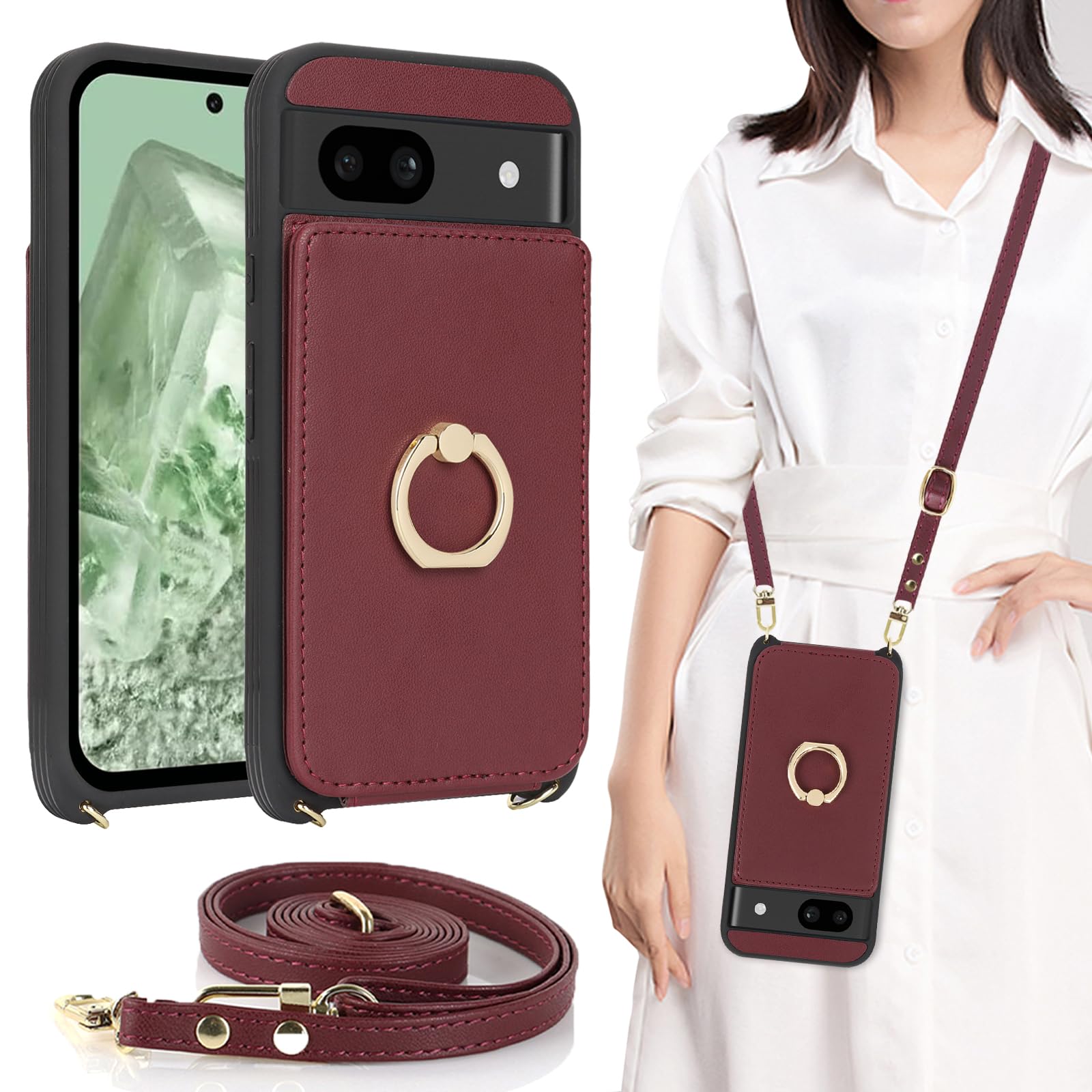 Google Pixel 8a ケース ショルダー リング付き ストラップケース ショルダーケース ポシェット pixel8A ケース docomo ドコモ au SIMフリー softbank 全対応 ピクセル 8A カバー グーグル ピクセル8A カバー pixel8A スマホケース case 適用 iCoverCase カードケース スタンド 斜め掛け 携帯カバー ワインレッド