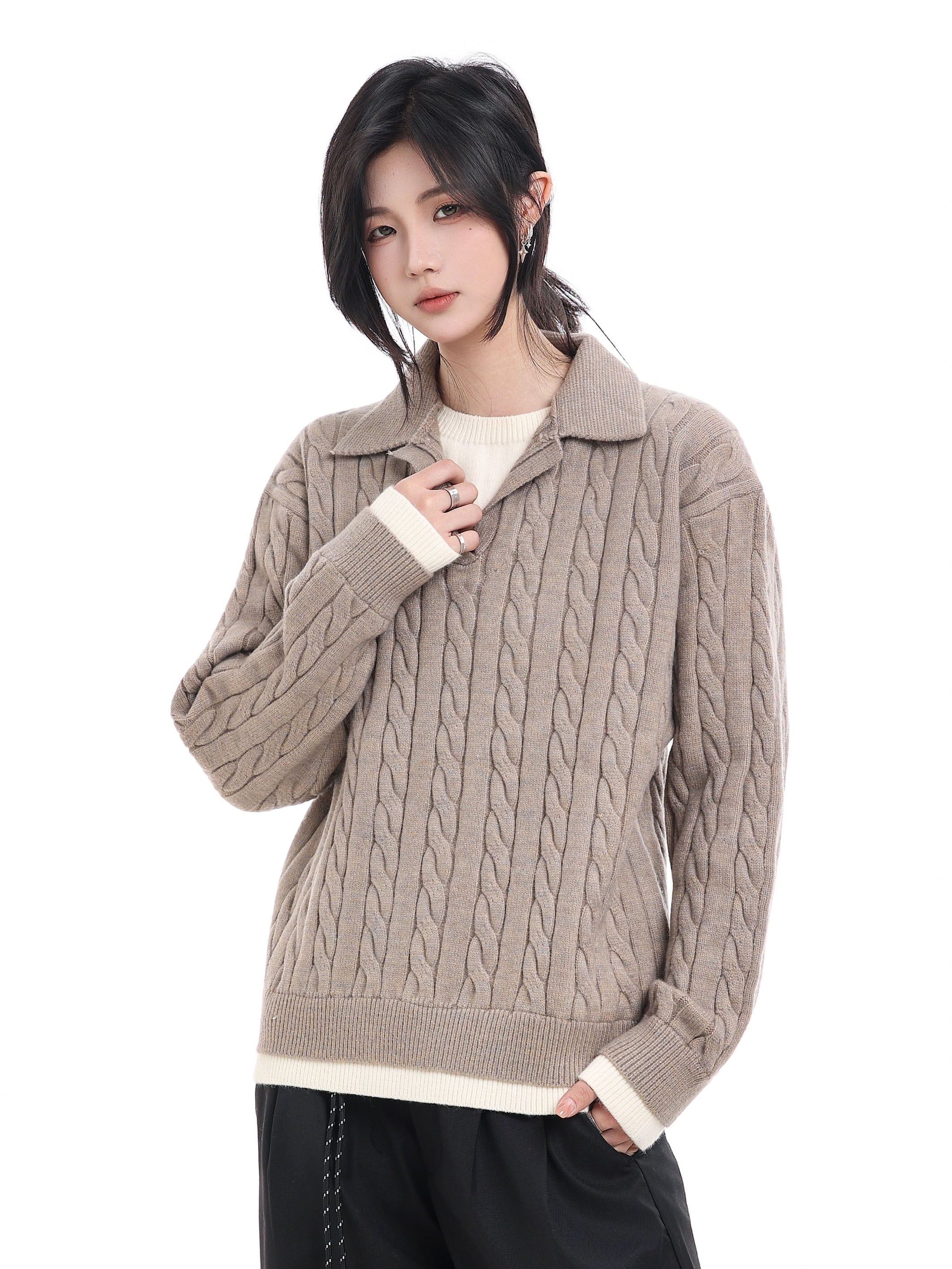 ケーブルカラーフェイクレイヤードニット / Cable Collar Fake Layered Knit