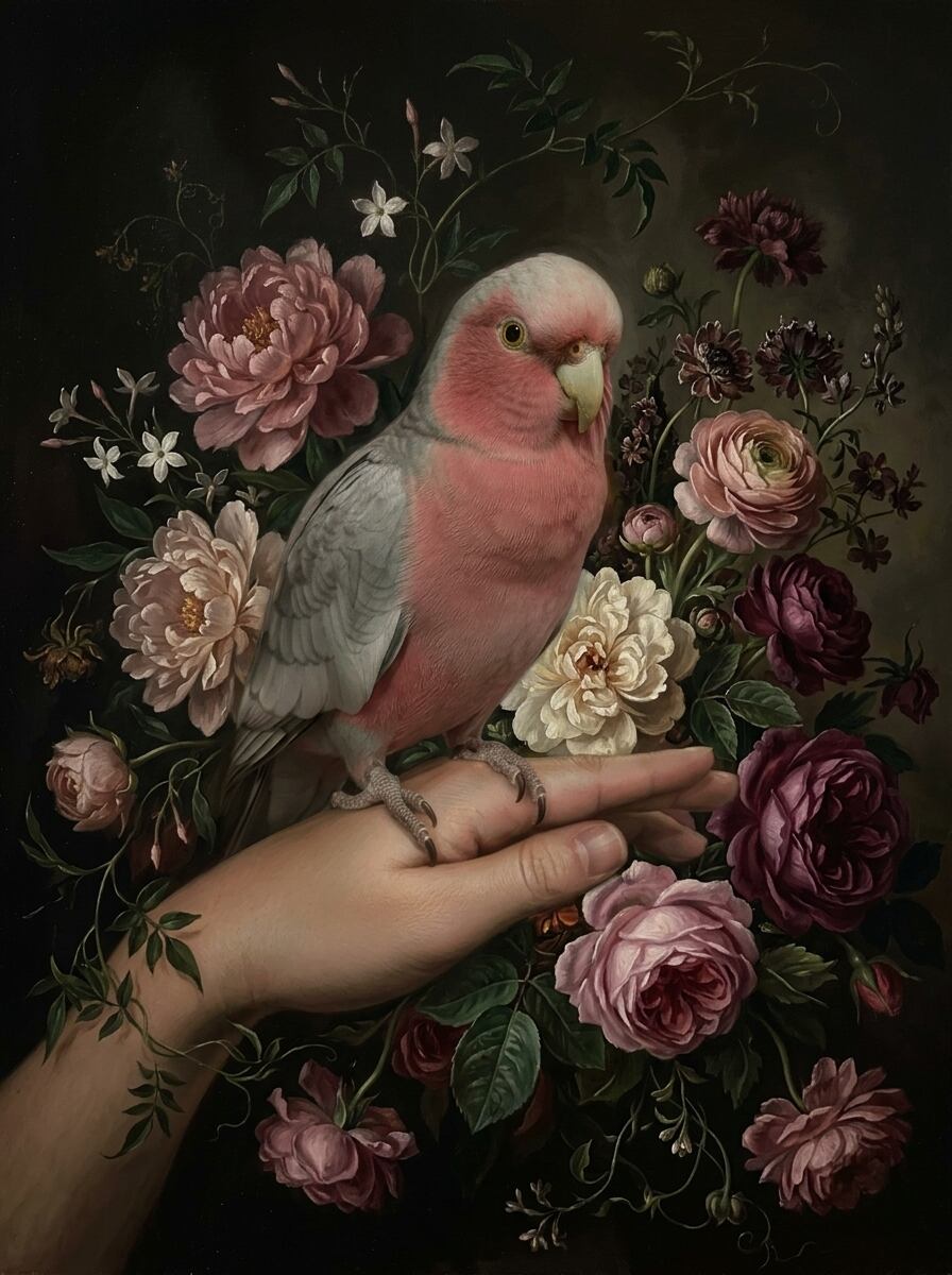 インコ（モモイロインコ）の花に囲まれた油絵風アート A4額装