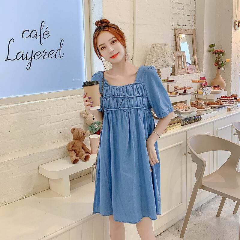 【新作】【送料無料】 マタニティウェア2020夏の新しいウォッシュドデニムスクエアネックドレスカジュアルルーズミドル丈マタニティドレス-アリババ サマー 夏物 スクウェア expec274965097913