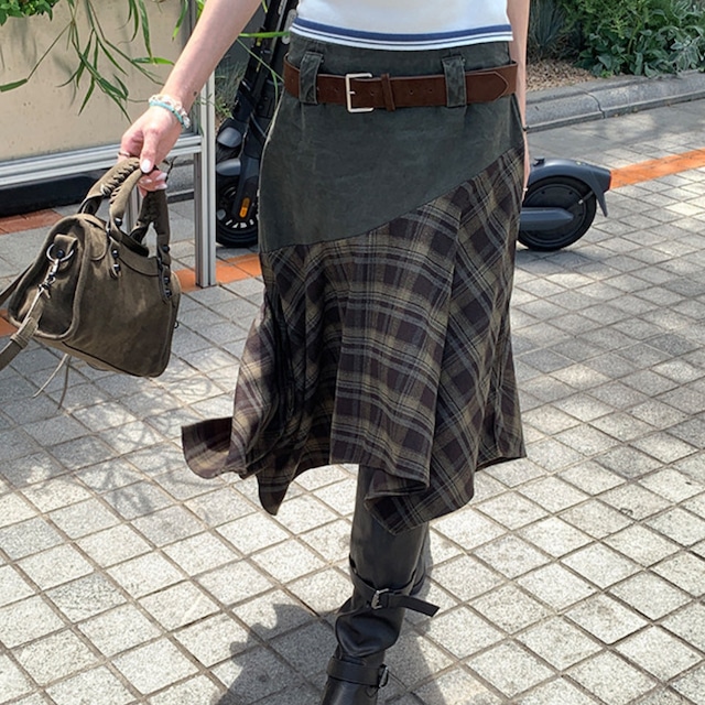 Asymmetric Check Panel Skirt 3col W00329