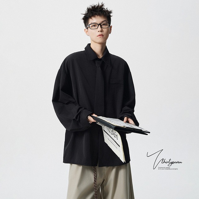 ♥ネクタイ×シャツ、新しいゆるさ!【CEXUシリーズ】★シャツ★ 4color ネクタイ付き トップス 男女兼用 メンズ シンプル 無地